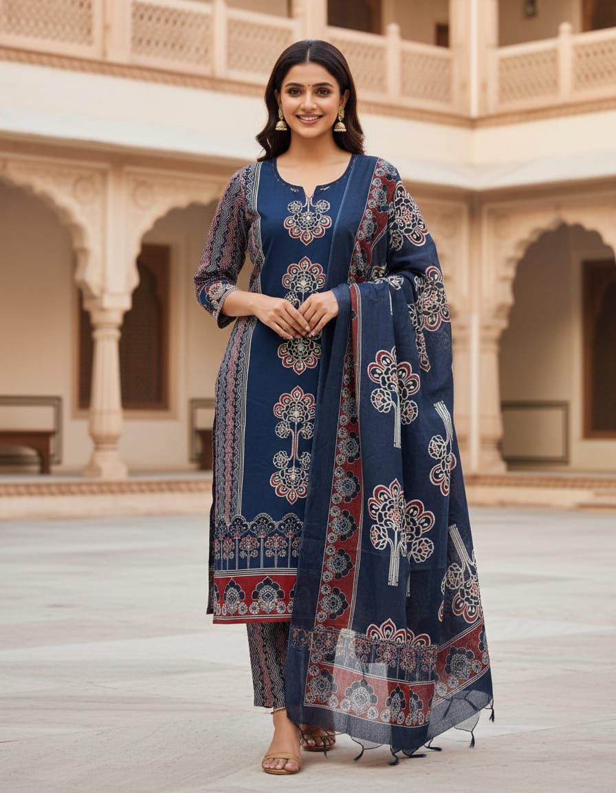 Elegant Panel Print 3-Piece Cotton Kurta Set