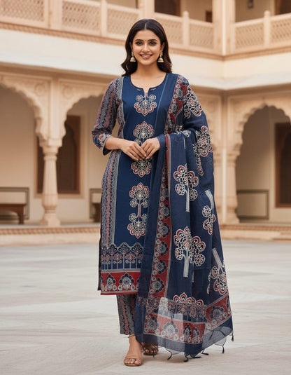 Elegant Panel Print 3-Piece Cotton Kurta Set