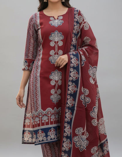 Elegant Panel Print 3-Piece Cotton Kurta Set
