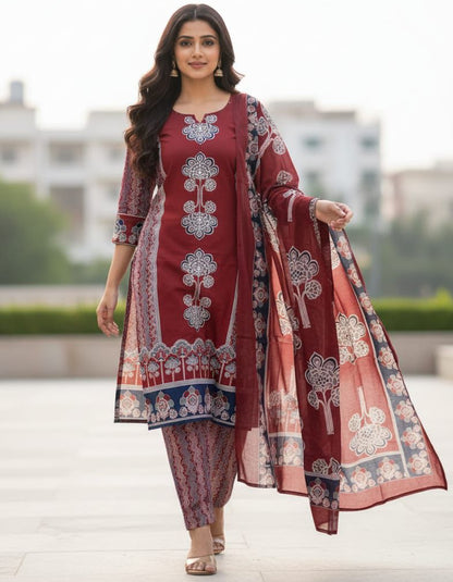 Elegant Panel Print 3-Piece Cotton Kurta Set