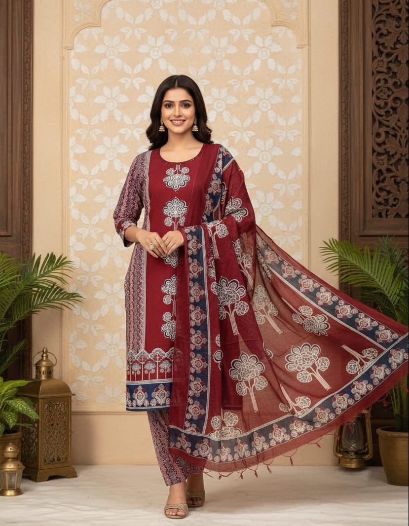 Elegant Panel Print 3-Piece Cotton Kurta Set