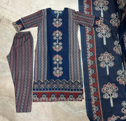 Elegant Panel Print 3-Piece Cotton Kurta Set