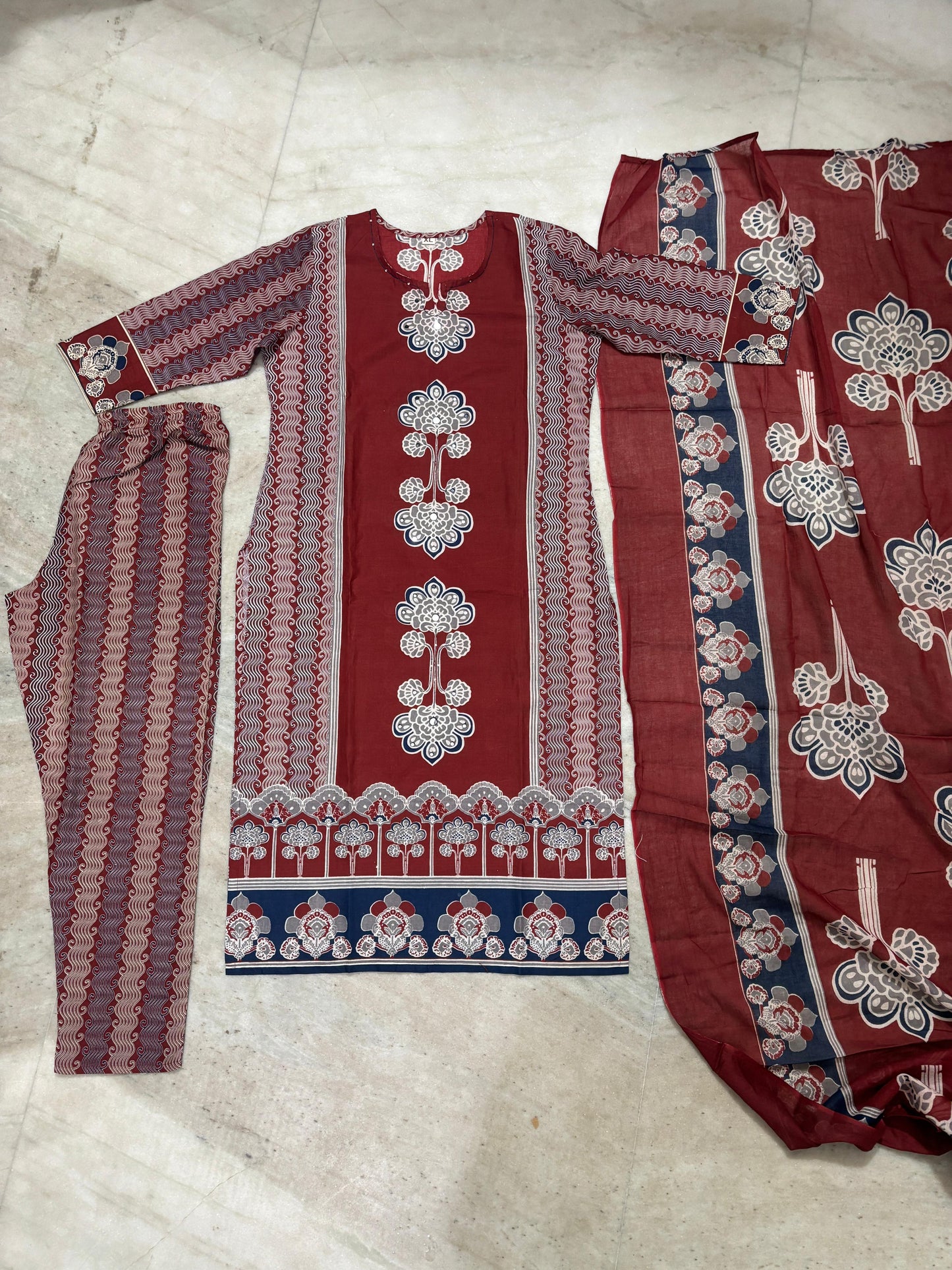 Elegant Panel Print 3-Piece Cotton Kurta Set