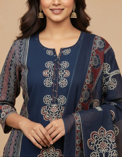 Elegant Panel Print 3-Piece Cotton Kurta Set