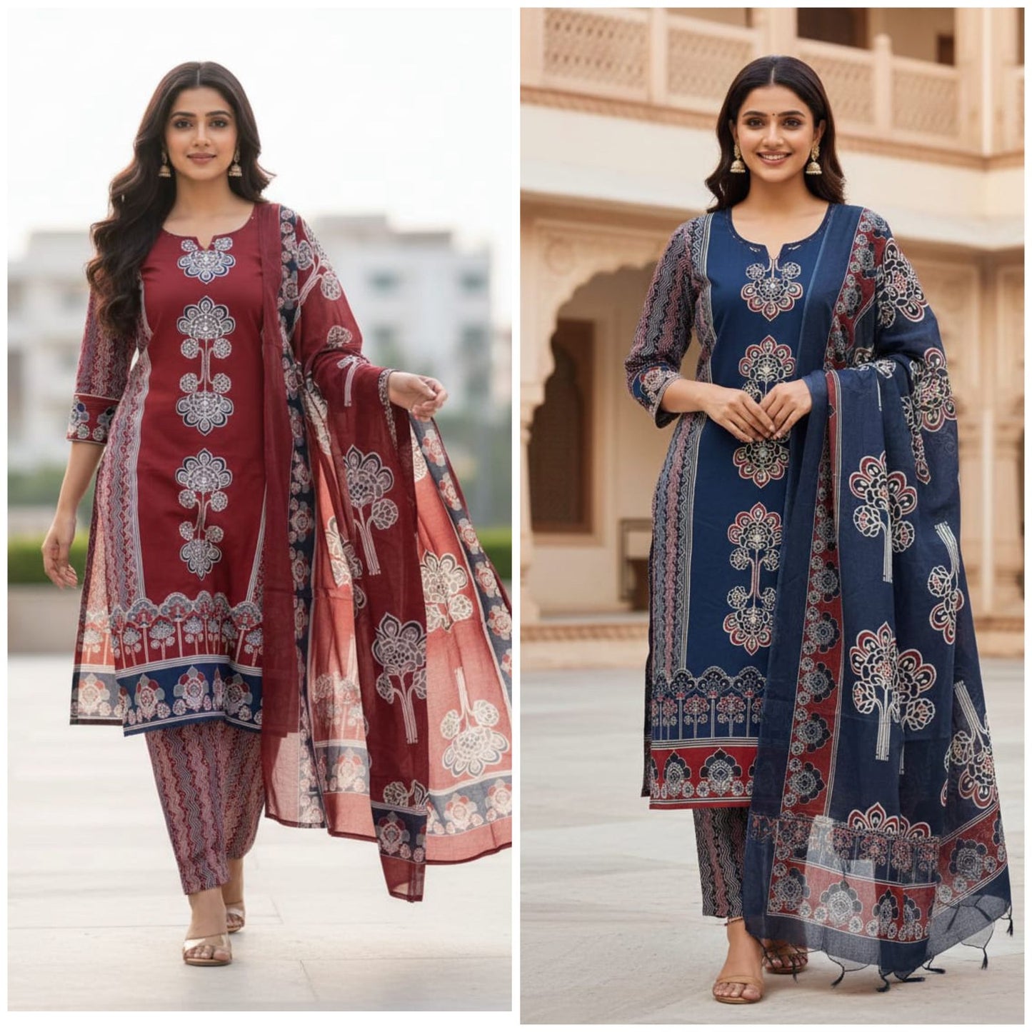 Elegant Panel Print 3-Piece Cotton Kurta Set