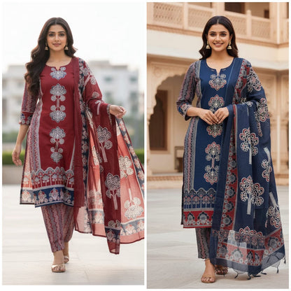 Elegant Panel Print 3-Piece Cotton Kurta Set