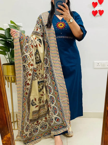 Elegant Embroidered Dhabu Cotton Kurta Set