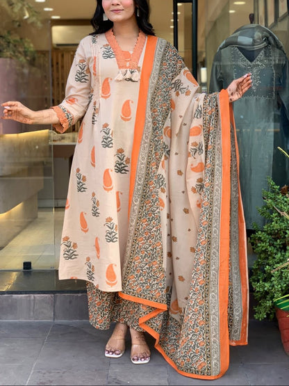 Elegant Block Print A-Line Cotton Kurta Set