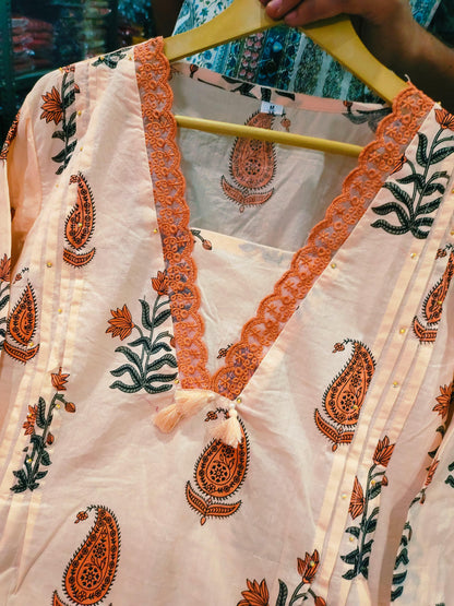 Elegant Block Print A-Line Cotton Kurta Set