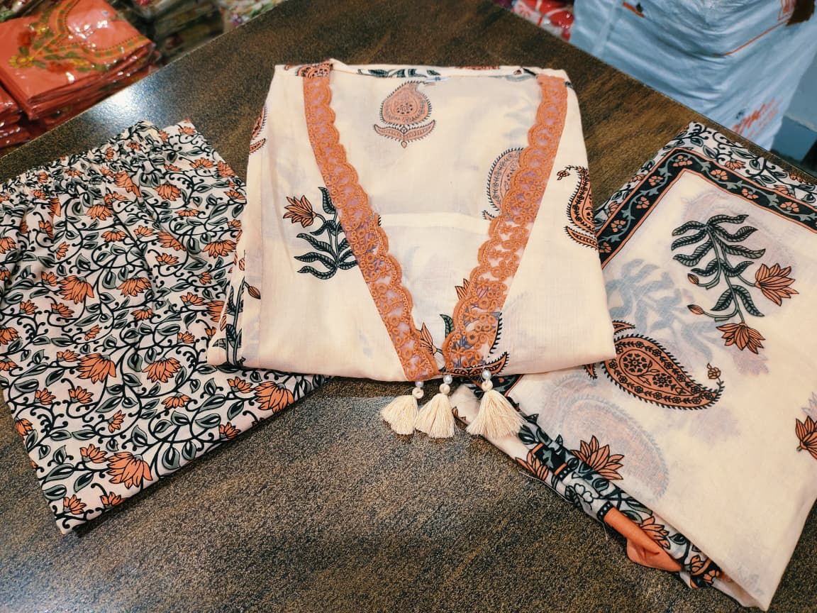 Elegant Block Print A-Line Cotton Kurta Set