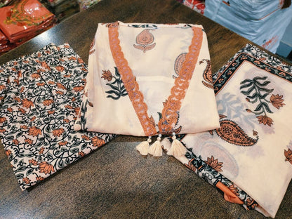 Elegant Block Print A-Line Cotton Kurta Set