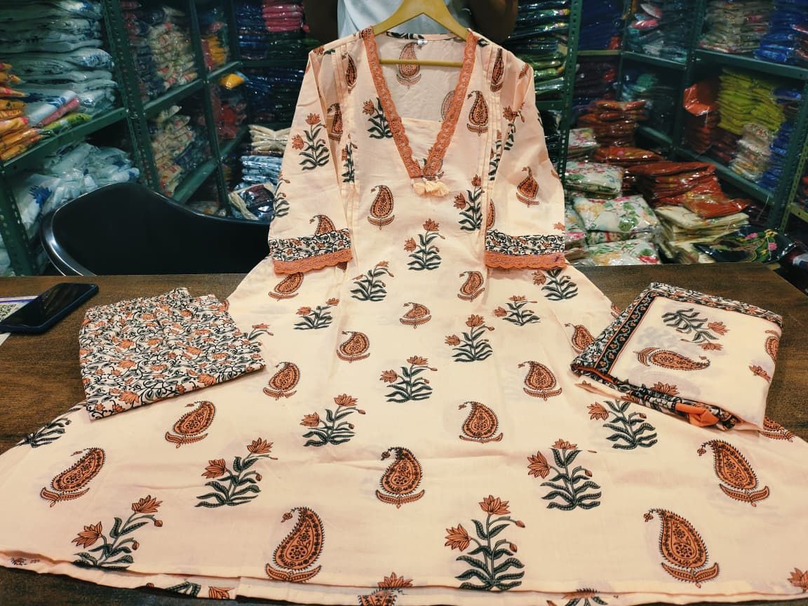 Elegant Block Print A-Line Cotton Kurta Set