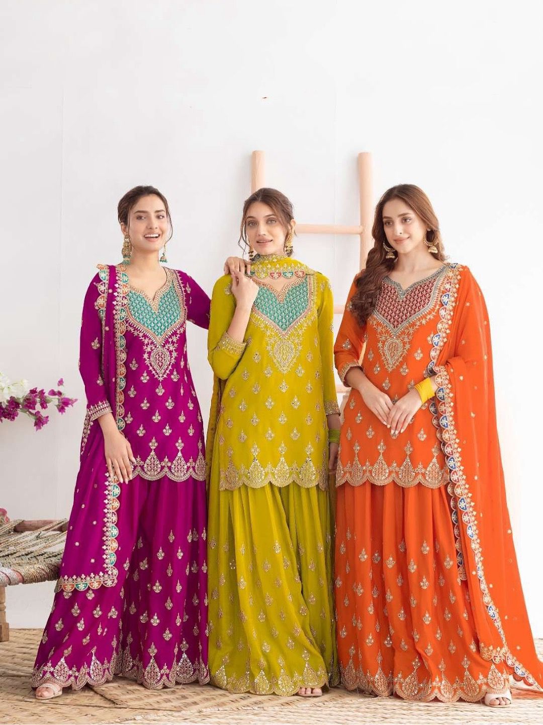 Designer Chinon Party Wear Sharara Suit Set