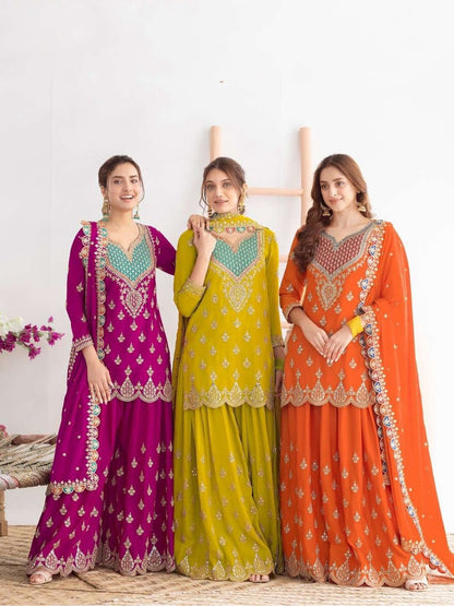 Designer Chinon Party Wear Sharara Suit Set