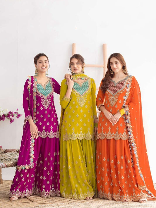 Designer Chinon Party Wear Sharara Suit Set