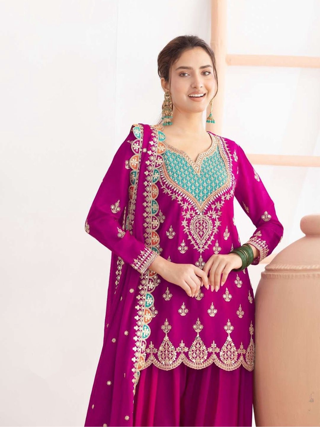 Designer Chinon Party Wear Sharara Suit Set