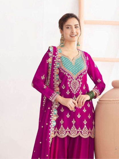 Designer Chinon Party Wear Sharara Suit Set