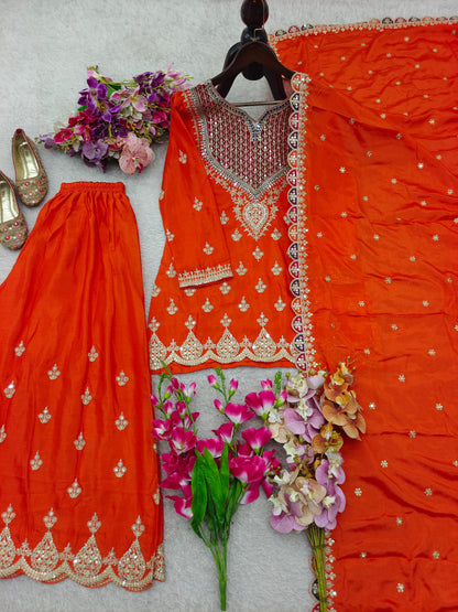 Designer Chinon Party Wear Sharara Suit Set