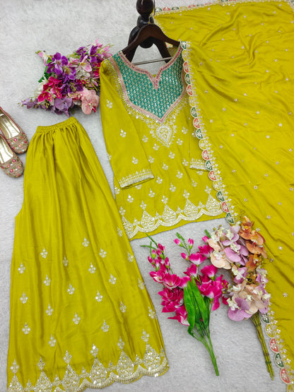 Designer Chinon Party Wear Sharara Suit Set