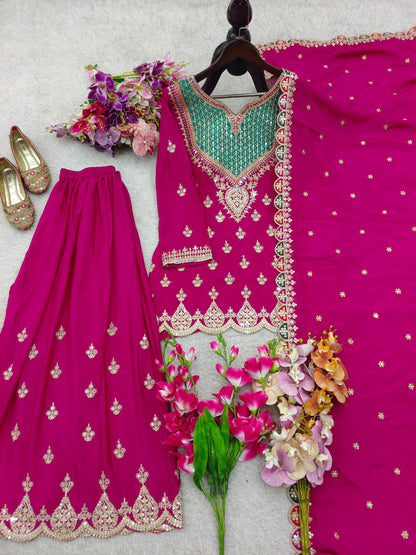 Designer Chinon Party Wear Sharara Suit Set