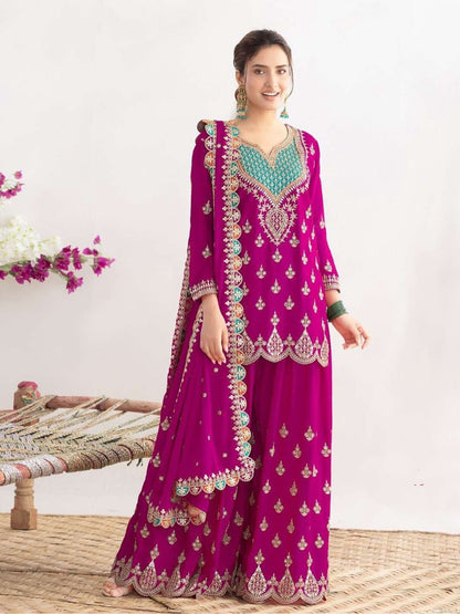 Designer Chinon Party Wear Sharara Suit Set