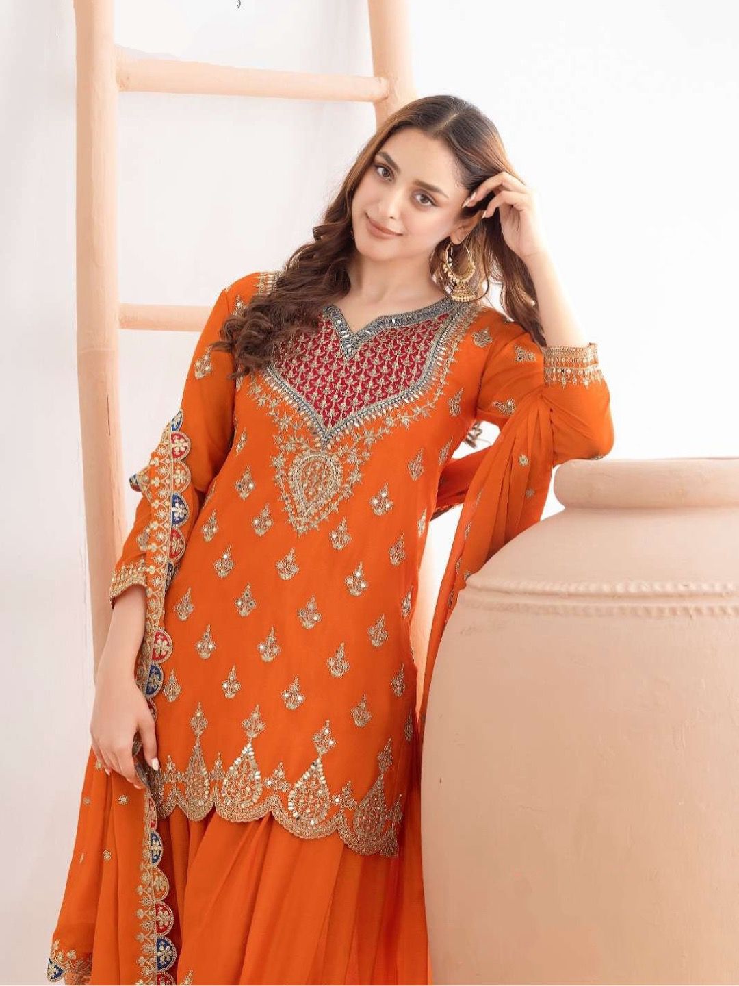 Designer Chinon Party Wear Sharara Suit Set