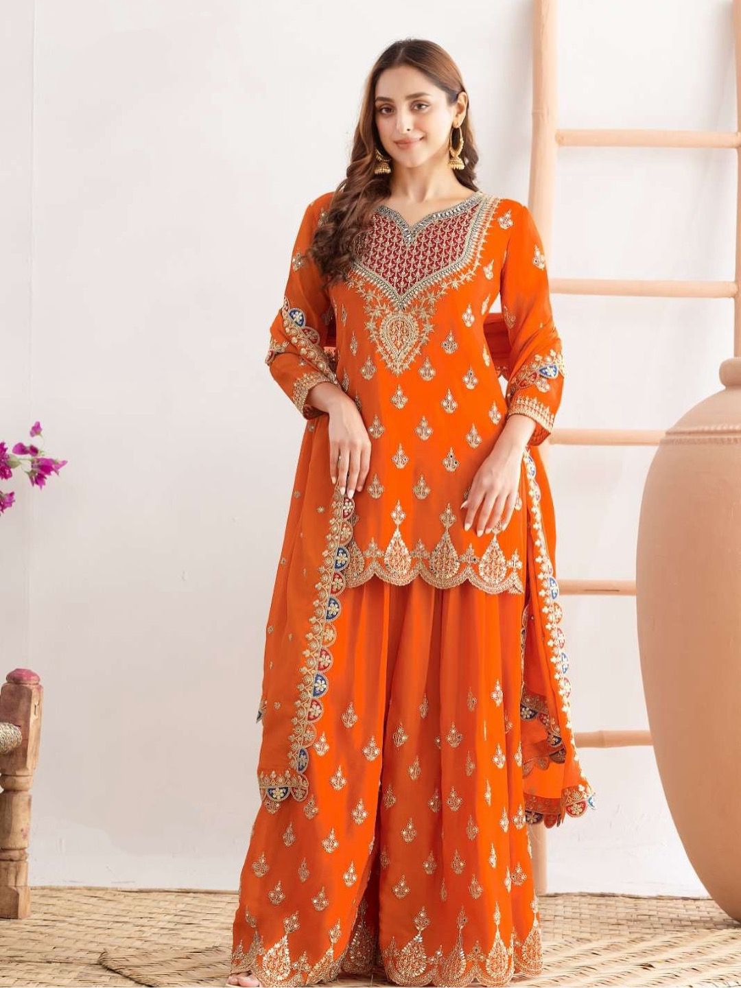 Designer Chinon Party Wear Sharara Suit Set