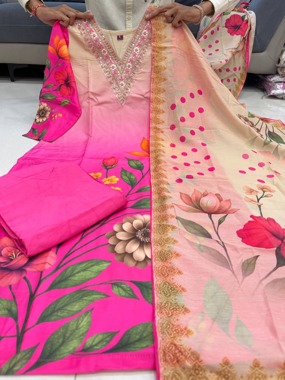 Elegant Soft Waves Silk Kurti Pant Dupatta Set
