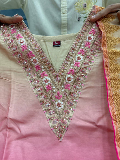 Elegant Soft Waves Silk Kurti Pant Dupatta Set