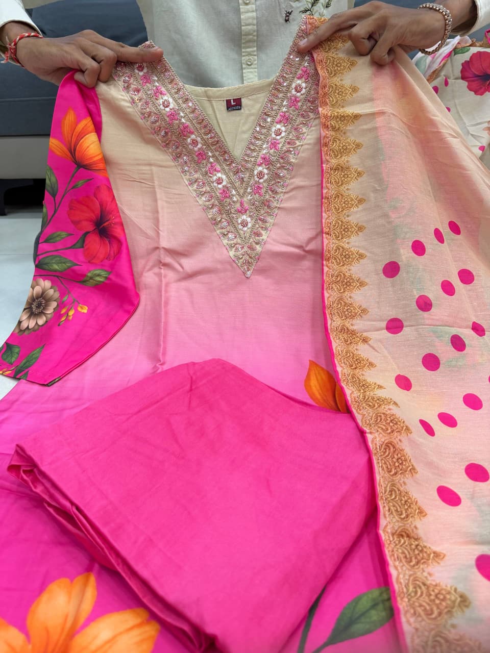 Elegant Soft Waves Silk Kurti Pant Dupatta Set