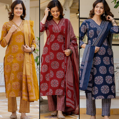 Elegant Printed Cotton Kurta 3-Piece Set