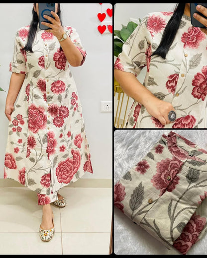 Floral A-line Kurti Cotton Co-Ord Set