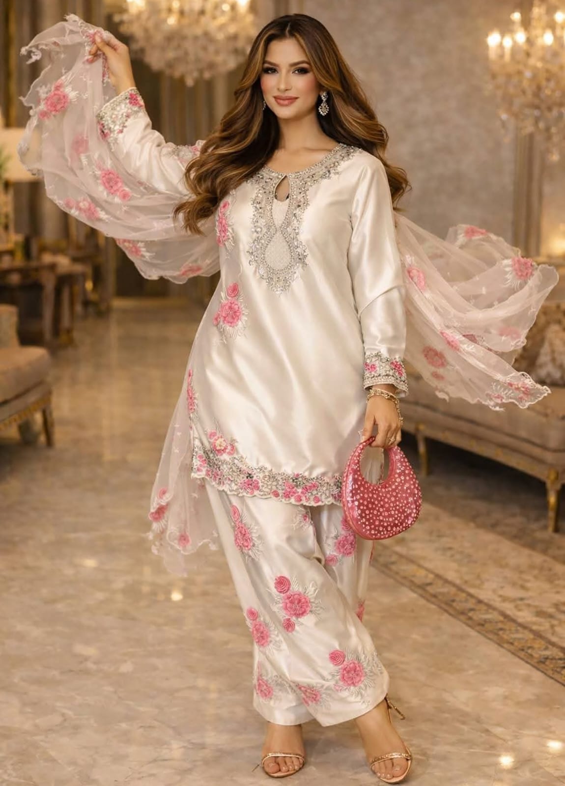 Floral White Cut Work Farshi Salwar Suit Set
