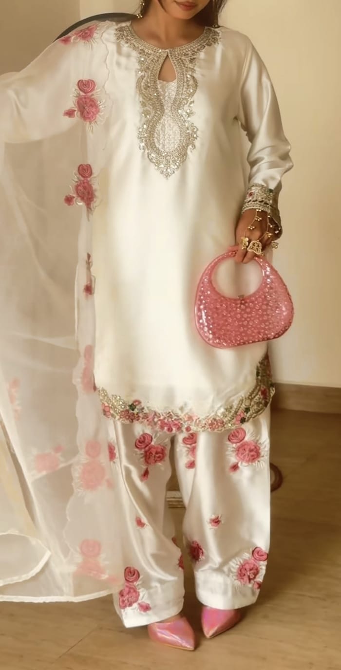 Floral White Cut Work Farshi Salwar Suit Set