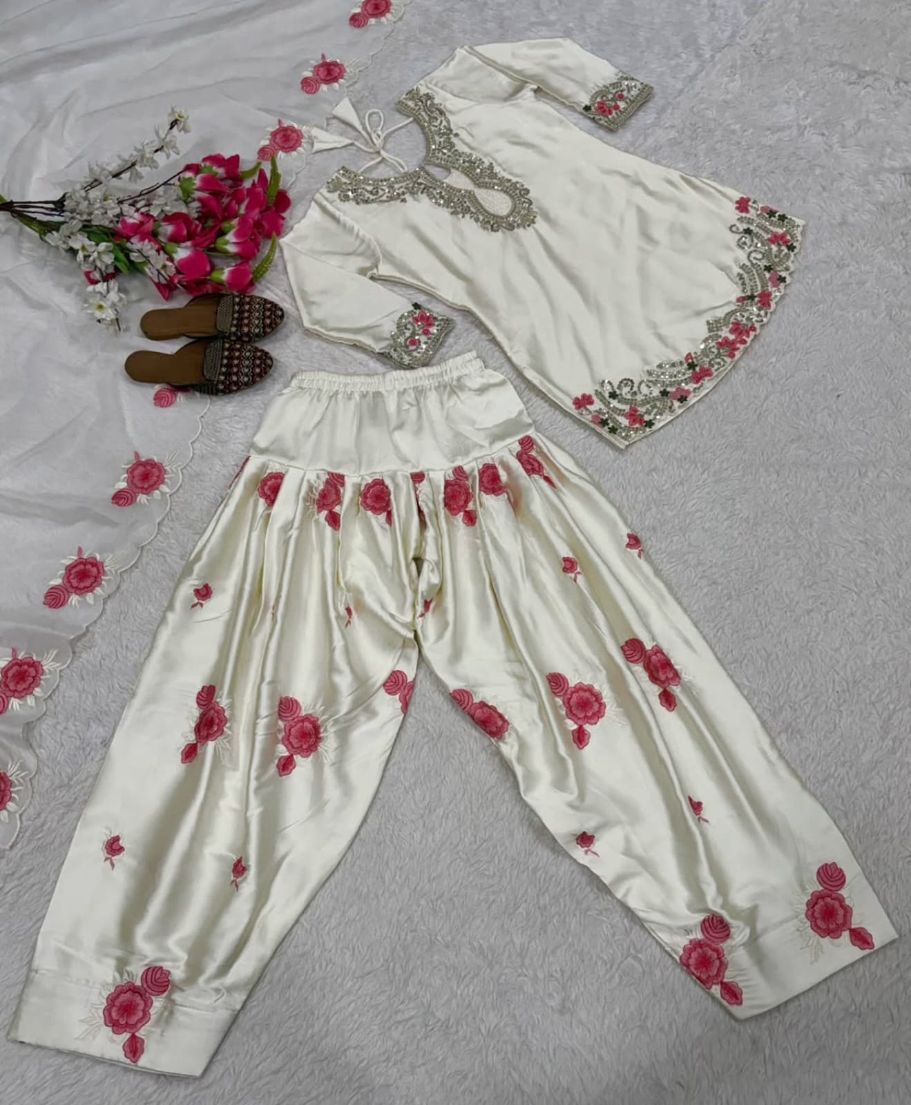 Floral White Cut Work Farshi Salwar Suit Set