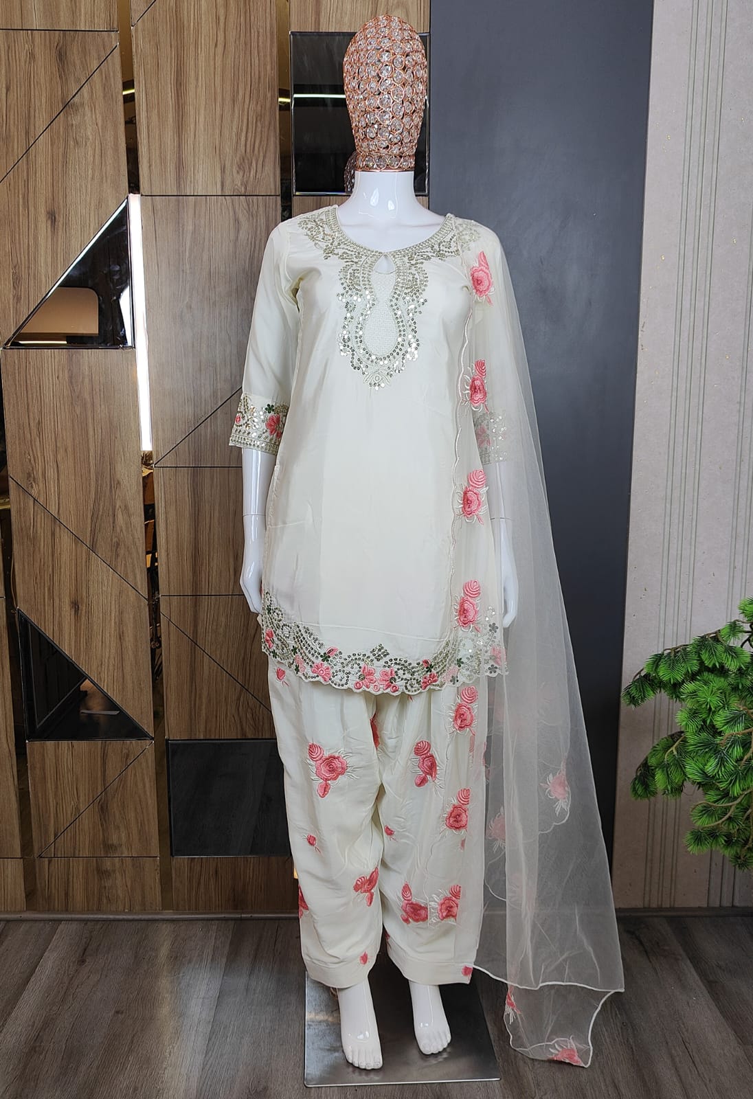 Floral White Cut Work Farshi Salwar Suit Set