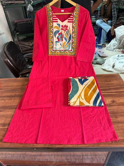 Elegant Cotton Kurta Set With Thread Katha Work