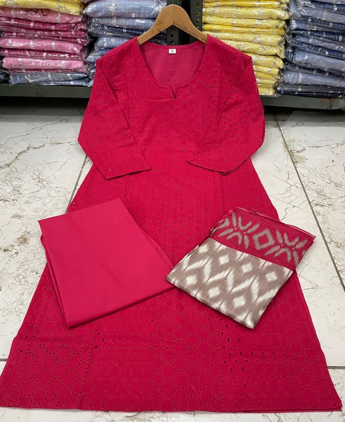 Beautiful Schiffli Embroidery Cotton Kurta Set