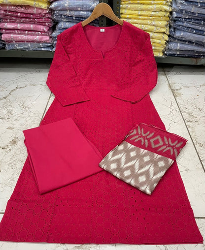 Beautiful Schiffli Embroidery Cotton Kurta Set