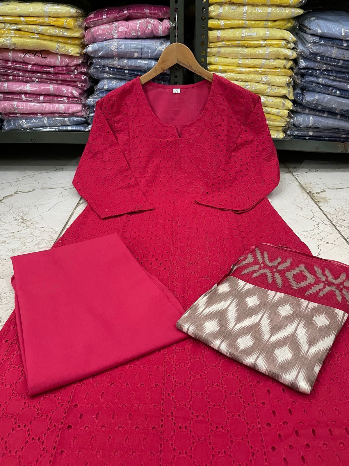 Beautiful Schiffli Embroidery Cotton Kurta Set