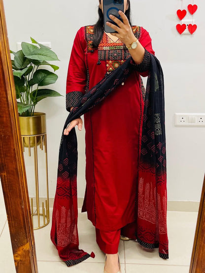 Elegant Red Embroidered Yoke Cotton Kurta Set