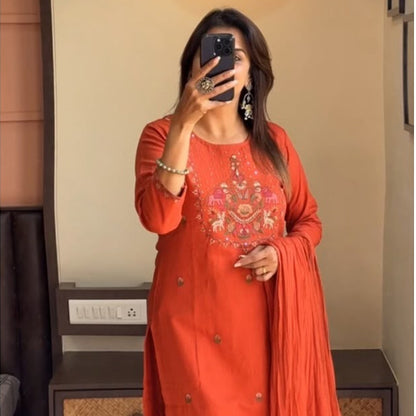 Summer Ornge Embroidered Cotton Kurta Set