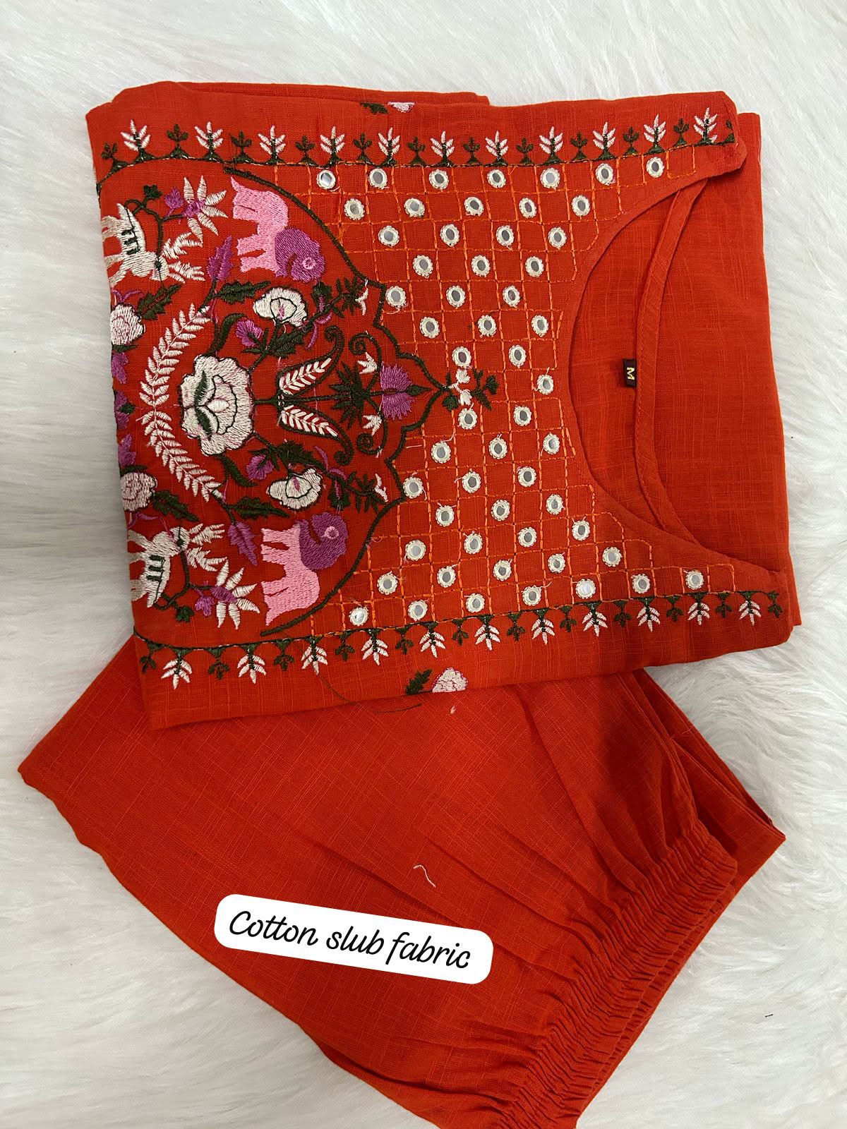 Summer Ornge Embroidered Cotton Kurta Set