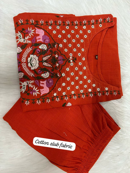 Summer Ornge Embroidered Cotton Kurta Set