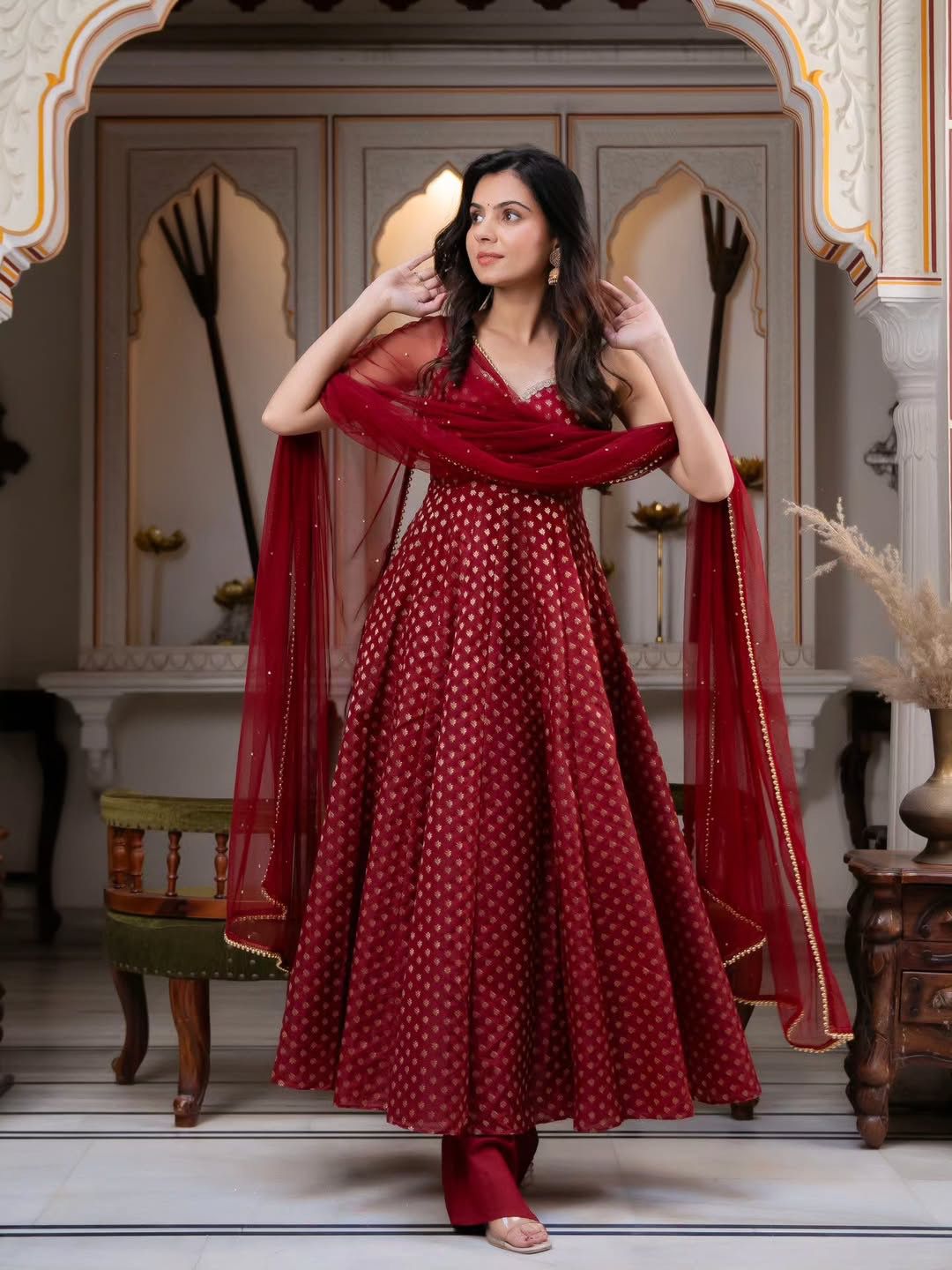 Premium Chanderi Jacquard Butti Anarkali Suit Set