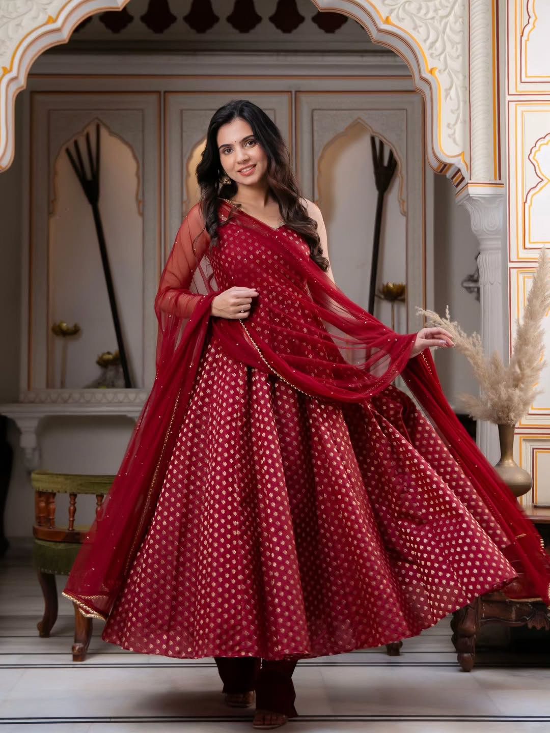Premium Chanderi Jacquard Butti Anarkali Suit Set