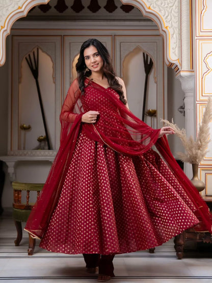 Premium Chanderi Jacquard Butti Anarkali Suit Set