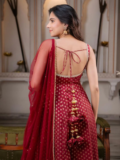 Premium Chanderi Jacquard Butti Anarkali Suit Set