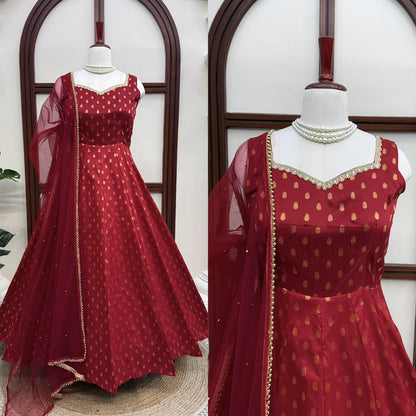 Premium Chanderi Jacquard Butti Anarkali Suit Set