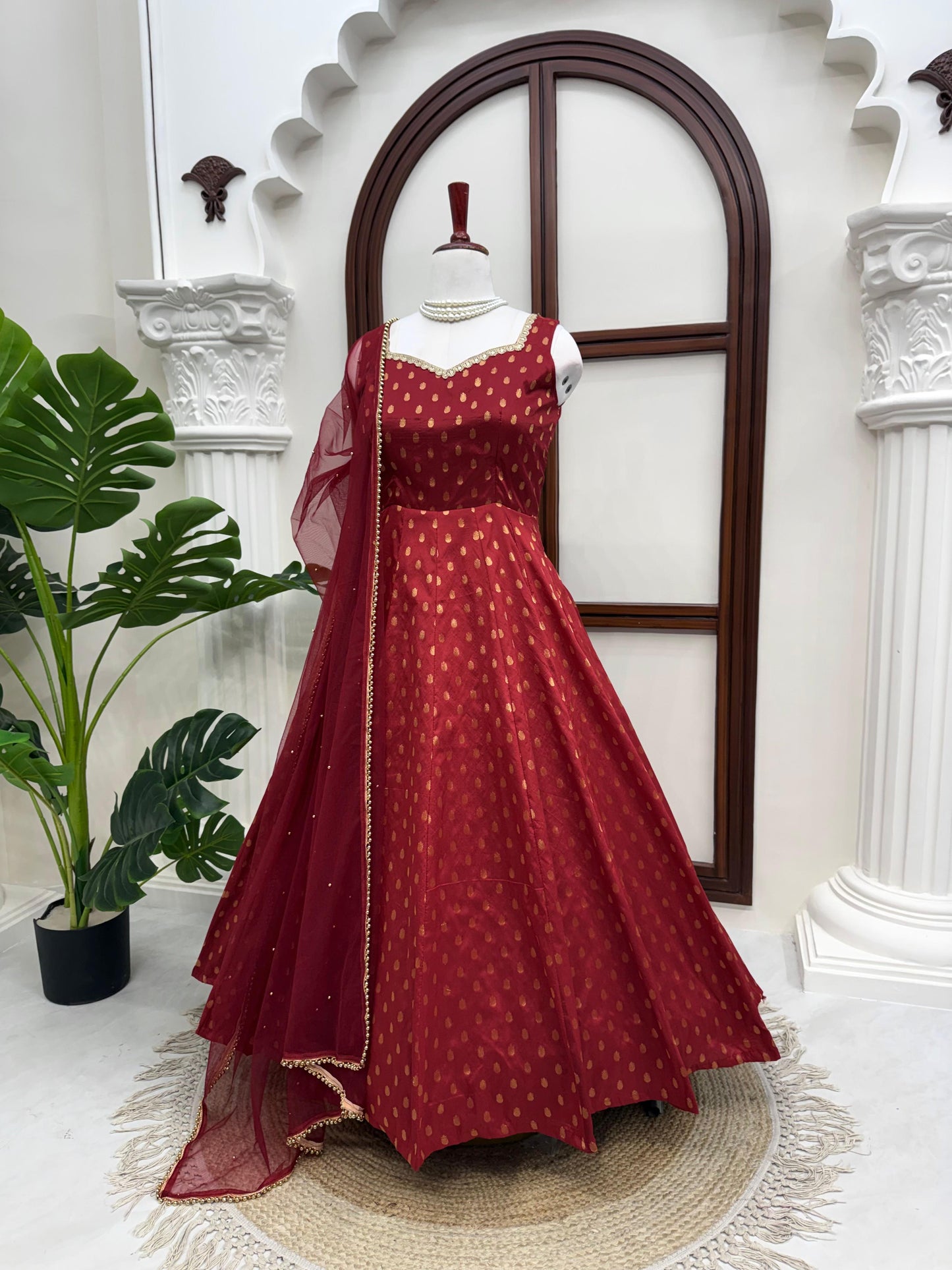 Premium Chanderi Jacquard Butti Anarkali Suit Set